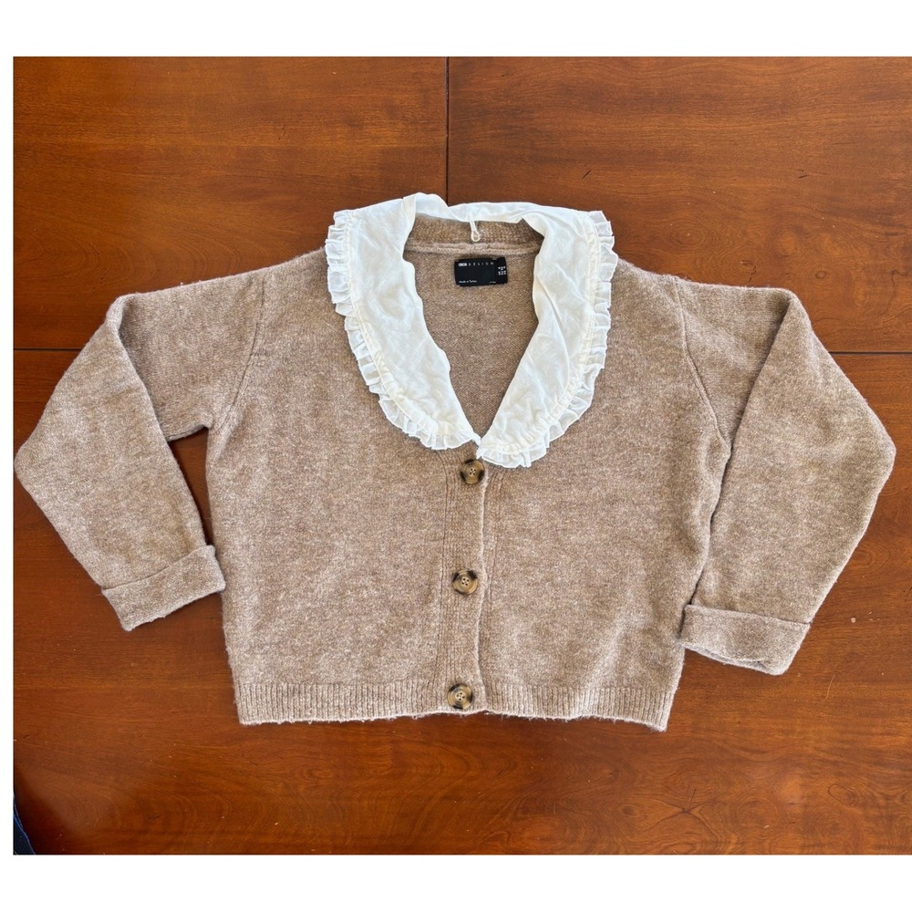 ASOS DESIGN Womens Brown Knit Cardigan Ruffle Collar‎ Sweater Oversized XS - Picture 4 of 15
